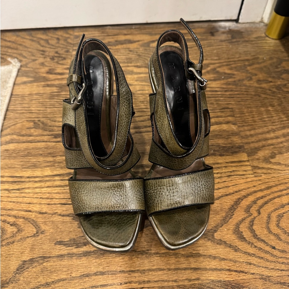 Marni Olive Green Leather Wedges